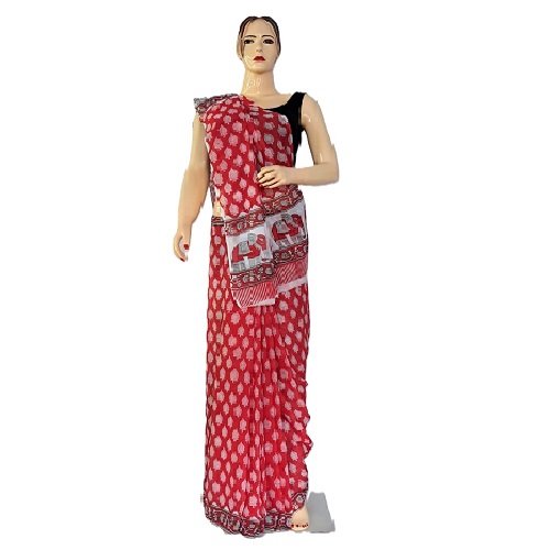 Mithila Pattern Red Cotton Saree