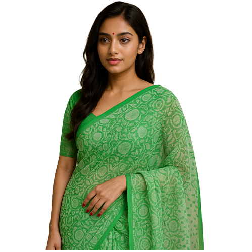 Mithila Hand crafted print Cotton Saree Green - Image 5