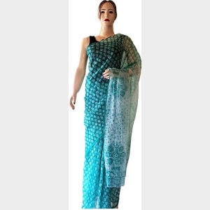 Mithila Pattern Green & White Cotton Saree