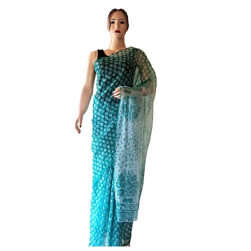 Mithila Pattern Green & White Cotton Saree