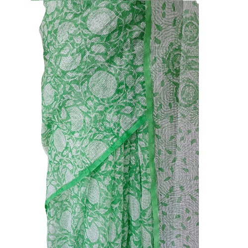 Mithila Hand crafted print Cotton Saree Green - Image 4