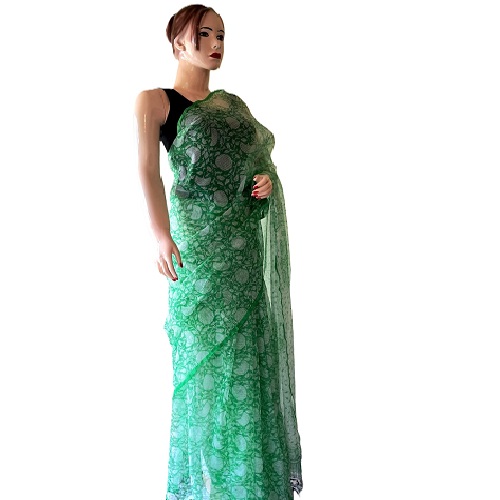 Mithila Hand crafted print Cotton Saree Green - Image 3