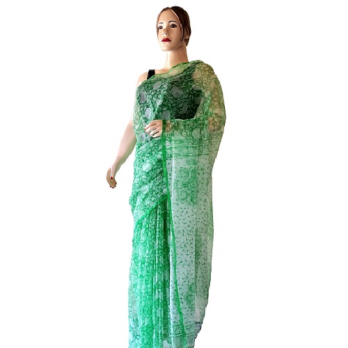 Mithila Hand crafted print Cotton Saree Green - Image 2