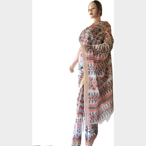 Mithila Pattern Red & Black Handprinted White Cotton Saree