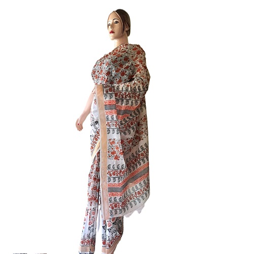 Mithila Pattern Red & Black Handprinted White Cotton Saree