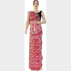 Mithila Pattern White & Red Cotton Saree
