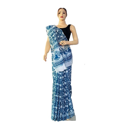 Mithila Pattern White & Blue Cotton Saree