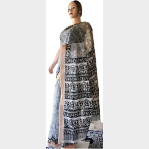 Mithila Pattern White Cotton Saree
