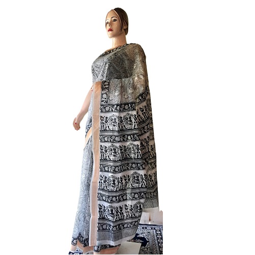 Mithila Pattern White Cotton Saree