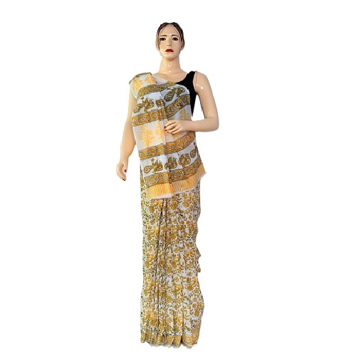 Mithila Pattern White & Yellow Cotton Saree