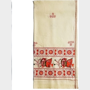 Mithila Bird Motif Hand-Printed Cotton Shawl
