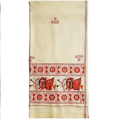 Mithila Bird Motif Hand-Printed Cotton Shawl